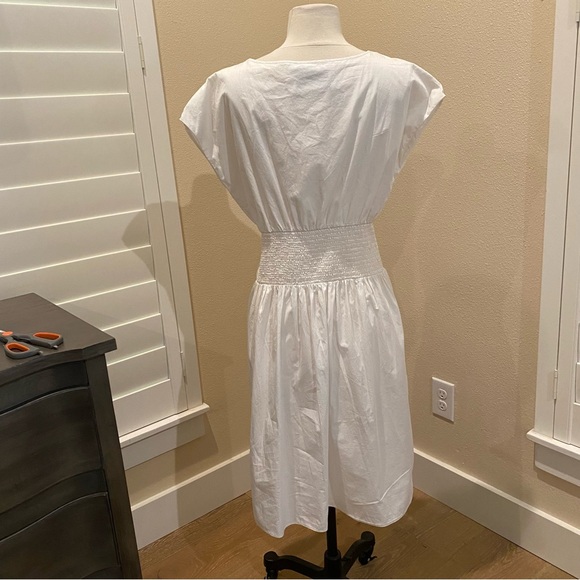 Prada White Poplin Surplice Smocked Waist Black Ruffle Dress Size IT 42- US 6 - Picture 6 of 12